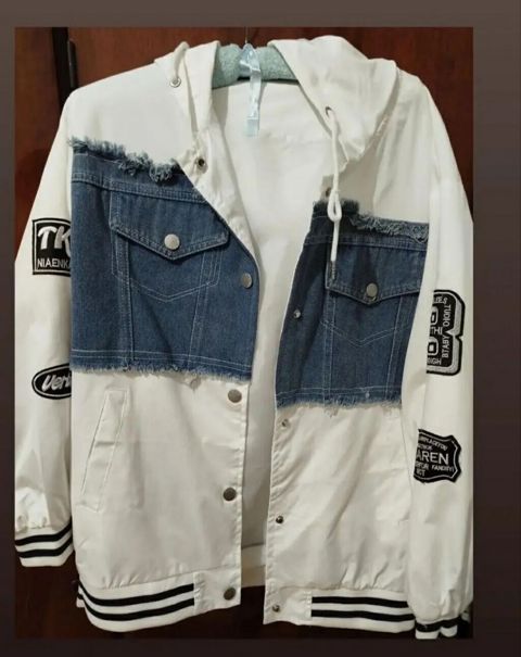 Unisex kapüşonlu yüngül jaket – denim və parça kombini - Dizayn: Ön — Outerwear