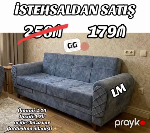 Mavi rəngdə, yumşaq süet toxumalı açılan divan. Ölçülər: - Ümumi — Bakı