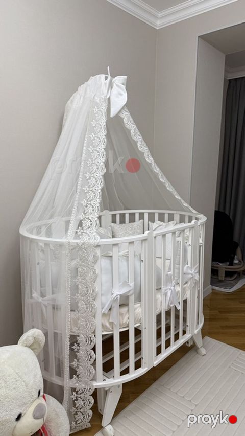 Uşaq beşiyi – oval dizaynlı, ağ rəngdə - Material: möhkəm ağac — Bakı