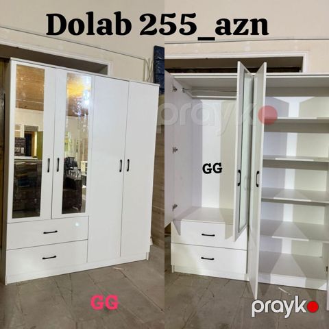 Ağ rəngli 4 qapılı paltar dolabı. - Ön hissədə iki ədəd güzgülü qapı — Bakı