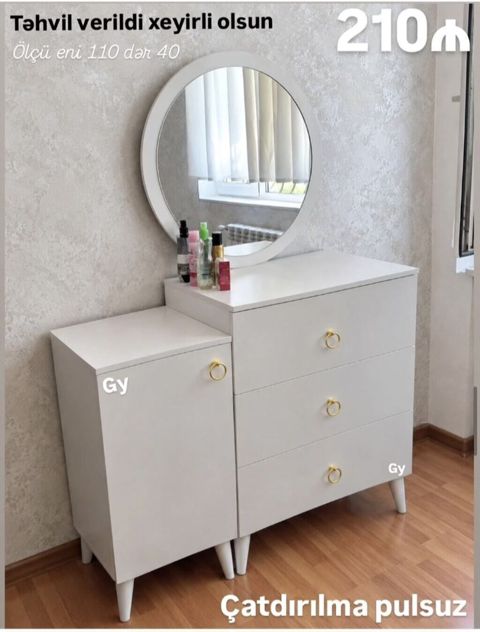 Ağ rəngli makiyaj/komod dəsti – dairəvi güzgü, 3 çekmece və 1 qapalı — sifaris_yeni_mebel_Gülü_Hüseyn — Dressers and nightstands