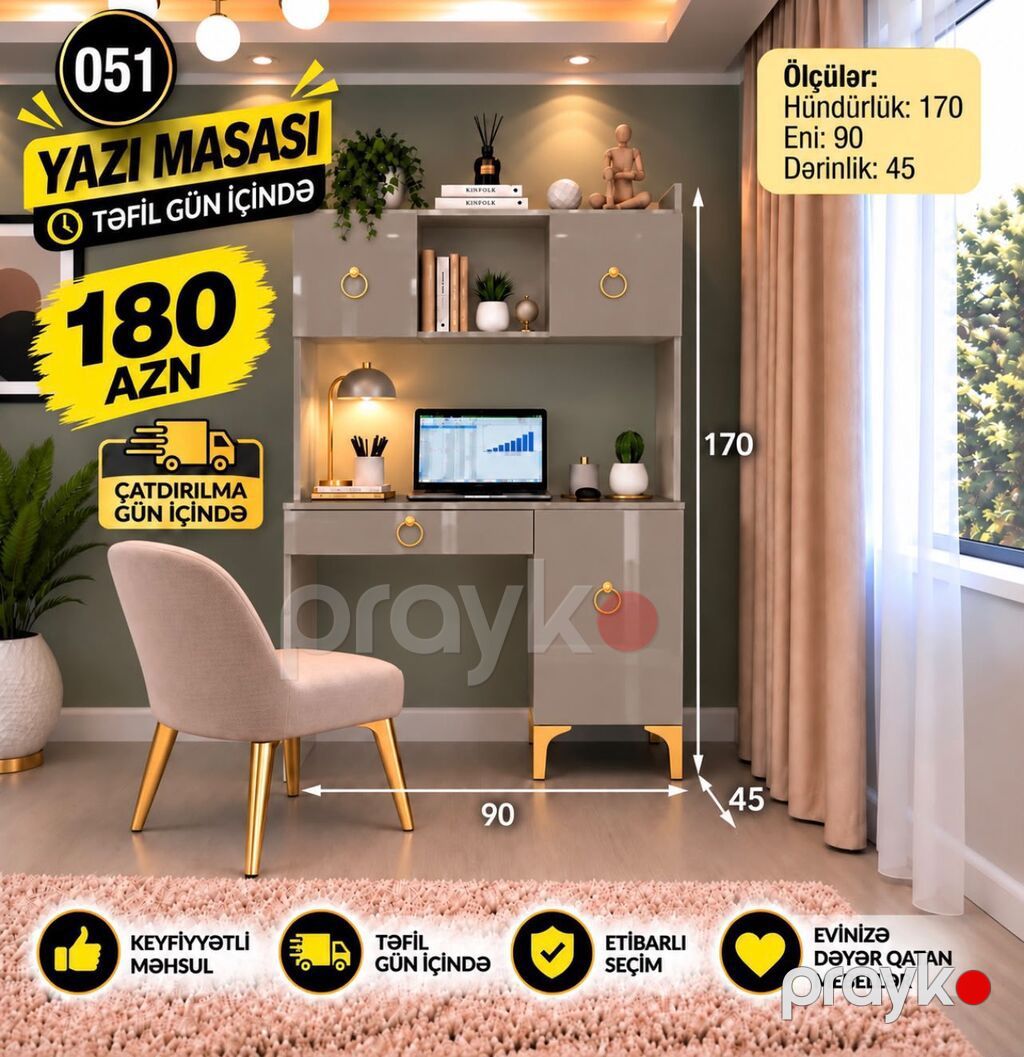 Yazı masası – 051 model Ölçülər: - Hündürlük: 170 sm - En: 90 sm — Kompüter masaları və kresloları, Digah (4)