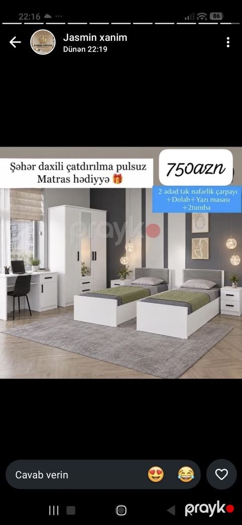 Uşaq/yeniyetmə otağı üçün mebel dəsti Tərkibi: - 2 ədəd tək nəfərlik