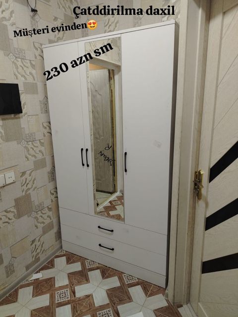 Ağ rəngli 3 qapılı paltar şkafı - Orta qapıda tam boy güzgü - 2 ədəd — ucuz.mebel — Şkaflar