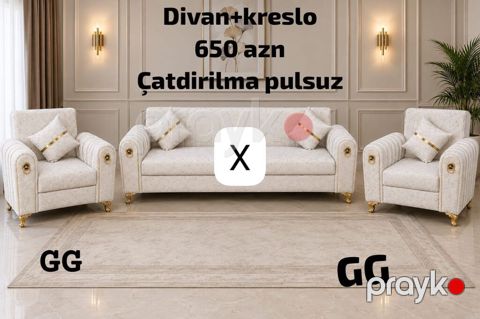 Divan + kreslo dəsti - Tərkib: 1 divan + 2 kreslo, dekorativ — Bakı