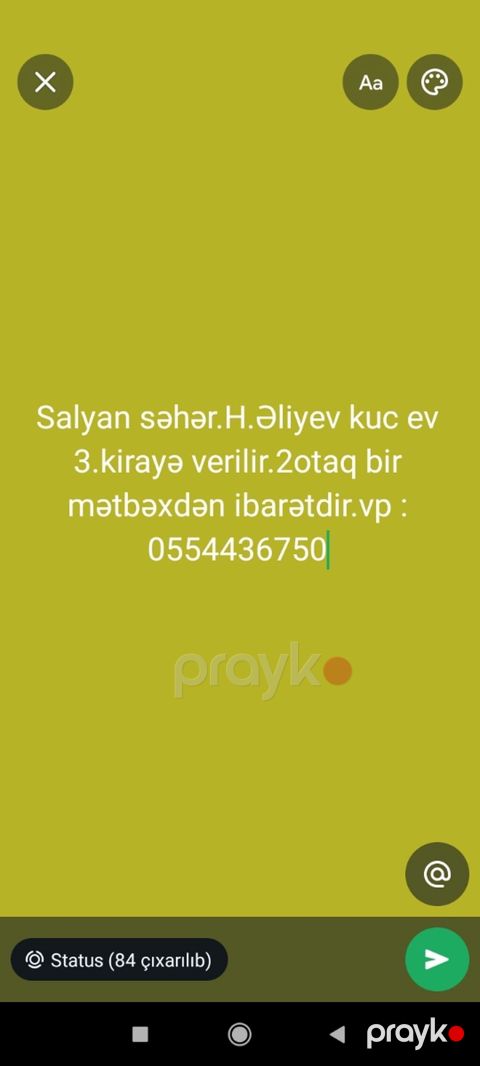 Kirayə mənzil – Salyan şəhəri, H.Əliyev küçəsi Plan: 2 otaq + — Salyan
