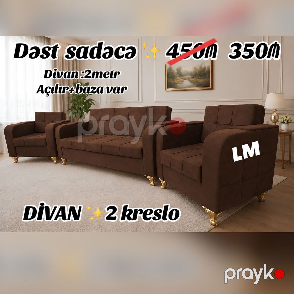 Divan + 2kreslo Endirim fürsəti Qiymət 350₼ Yeni və sifarişlə — Yumşaq mobilya dəstləri, Bakı (2)