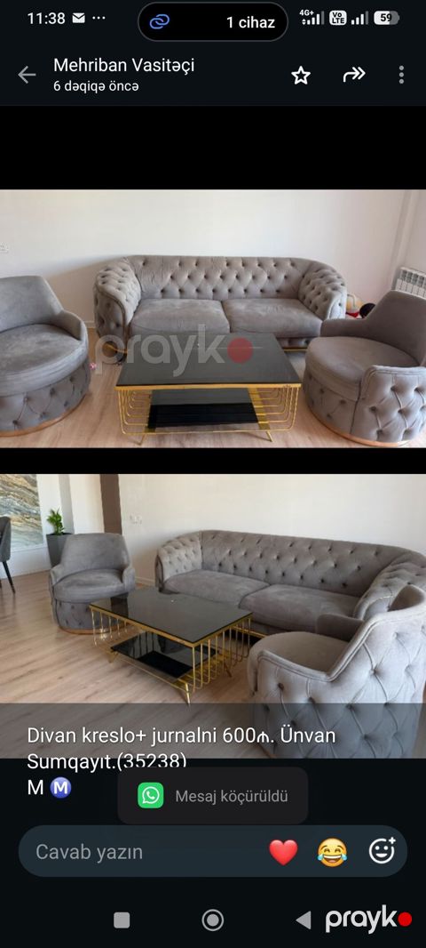 Divan kreslo+ jurnalni 600₼. Ünvan Sumqayıt.(35238) M — Bakı