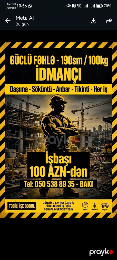 Güclü fəhlə – gündəlik işlər üçün Boy 190 sm, çəki 100 kq, idmançı — Bakı