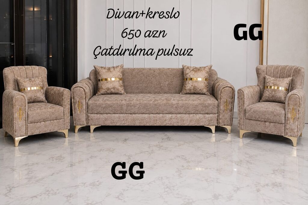 Divan + 2 kreslo dəsti - Qiymət: 650 AZN - Çatdırılma pulsuz (şəkildə — Yumşaq mobilya dəstləri, Bakı