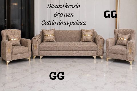 Divan + 2 kreslo dəsti - Qiymət: 650 AZN - Çatdırılma pulsuz (şəkildə — Ucuz serfeli Mebel — Комплекты мягкой мебели