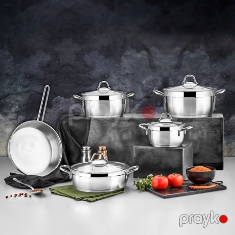 Qazan dəsti Özlife Polo VM288, 9 parça, qulplu, gümüşü — Bakı