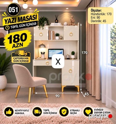 Yazı masası – 051 model Ölçülər: - Hündürlük: 170 sm - En: 90 sm — Bakı