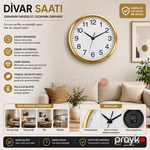 Divar saatı 71232858, qızılı — Bakı