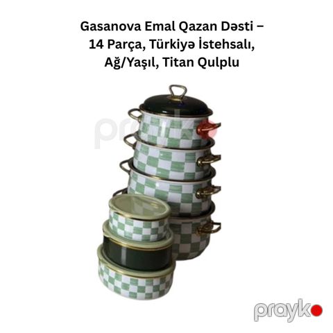 Qazan dəsti Gasanova Kahn Market-02198218, mina, titan qulplu, ağ/yaşıl, 14 parça — Bakı