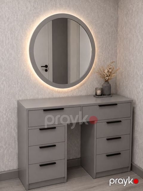 Minimalist üslubda tünt boz rəngli makiyaj/iş masası və dairəvi LED — Bakı