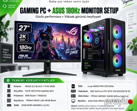 Premium Gaming PC + ASUS ROG Strıx 2K 180Hz Monitor Setup — Bakı