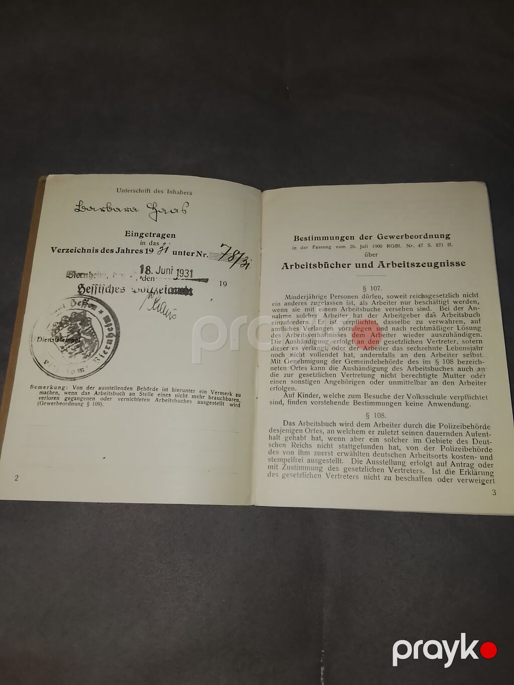 1931-ci il Veymar Respublikası Orijinal Qadın Əmək Kitabçası — Digər, Bakı (2)