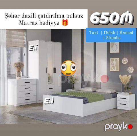 Yataq otağı mebel dəsti Tərkibi: - Taxt - Dolab - Kamod - 2 ədəd