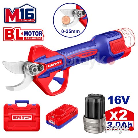 Bağban qayçısı Emtop, fırçasız motor, 16V, kəsmə diametri 25 mm, 2 ədəd 2.0Ah batareya — Bakı