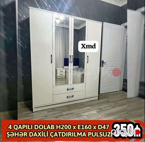 4 qapılı dolab – ölçülər: H200 x E160 x D47 sm. Ağ rəng, ortada 2 ədəd