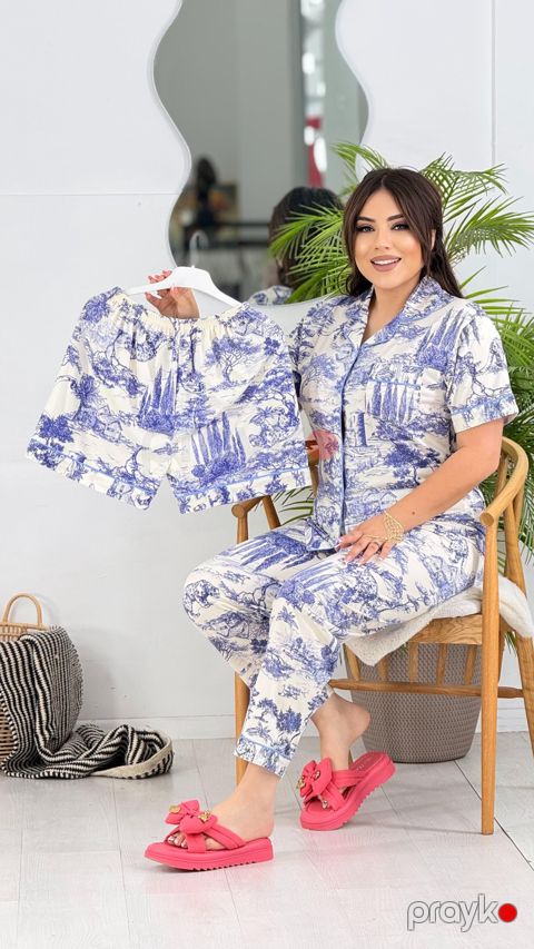 Qadınlar üçün şalvarlı və şortlu pijama dəsti I-91, ağ, poliester, ölçü 38 — Bakı