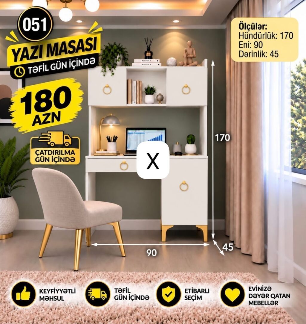 Yazı masası – model 051 - Ölçülər: hündürlük 170 sm, eni 90 sm — Kompüter masaları və kresloları, Bakı