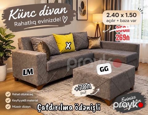 Künc divan – Rahatlıq evinizdə - Ölçü: 2.40 x 1.50 m - Açılır — Bakı