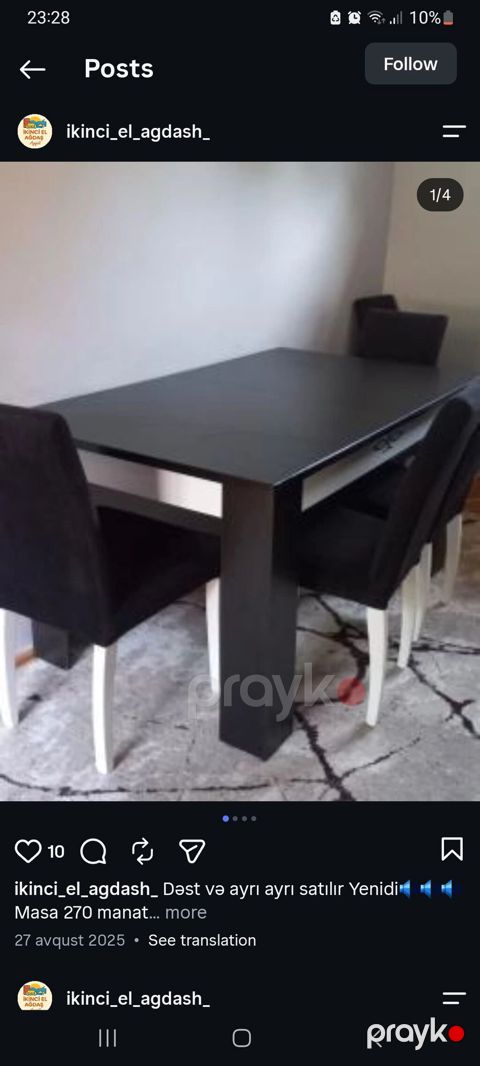 Qonaq otağı üçün, İşlənmiş, Açılan, Dördbucaq masa, 4 stul — Ağdaş