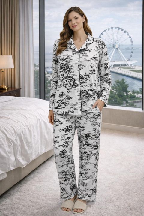 Pijama dəsti qadınlar üçün HND56, ağ/qara, bambuk, ölçü 4XL — Bakı