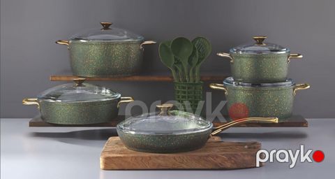 Qazan dəsti Bonera, 16 parça, qranit, induksion dabanlı, paslanmaz metal qulplu, şüşə qapaqlı, yaşıl - ZTW-AB588 — Bakı