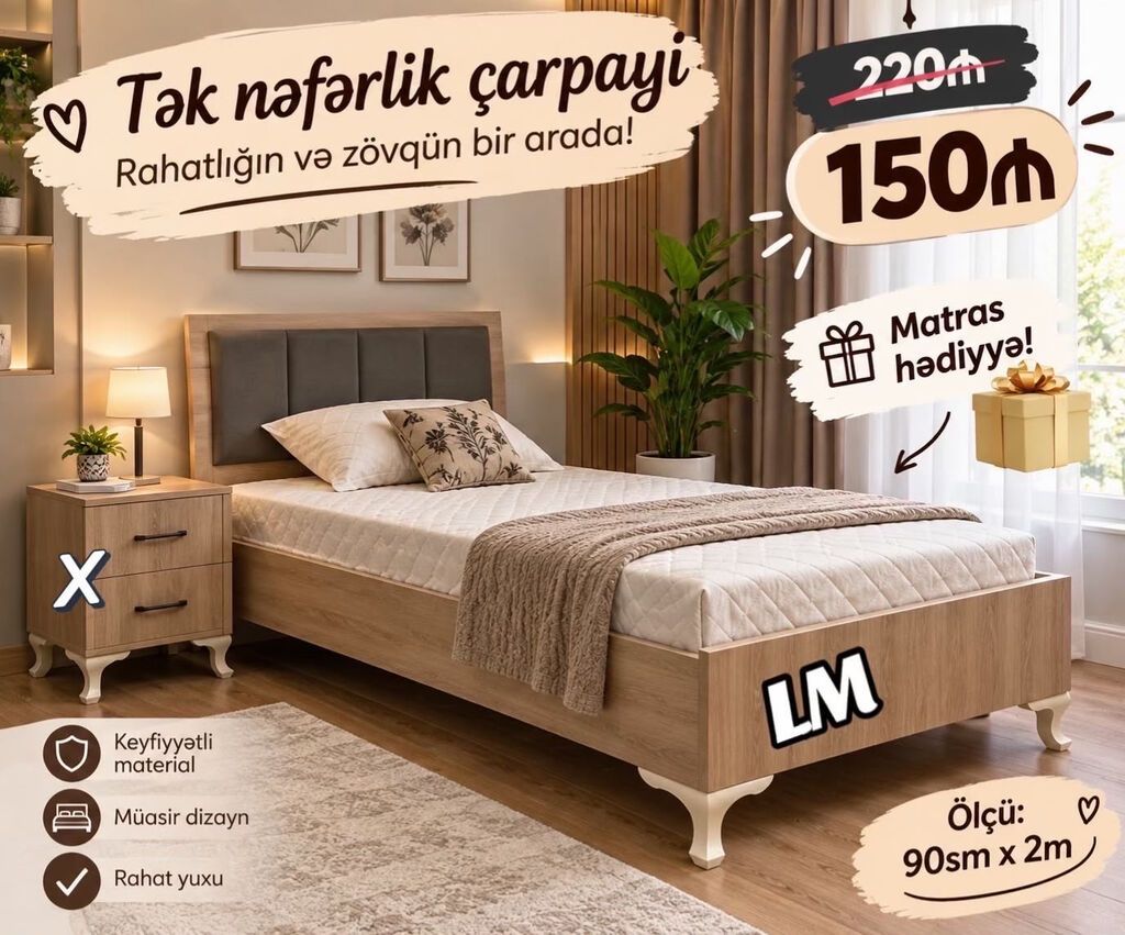 Yeni, Təknəfərlik çarpayı, Matras ilə — Yataqlar, Bakı (2)