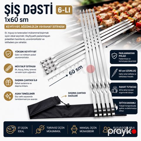 Şiş dəsti paslanmayan metal 60 sm — Bakı