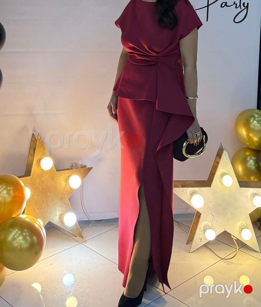 Qırmızı ziyafət geyimi - Model: Peplum üstlü, asimmetrik detalla — Axşam paltarları, Bakı (2)