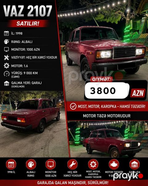 Aynur92 kod1004 qiymət: 3800 AZN¹⁵⁰ vaz 2107 satılır İl: 1998