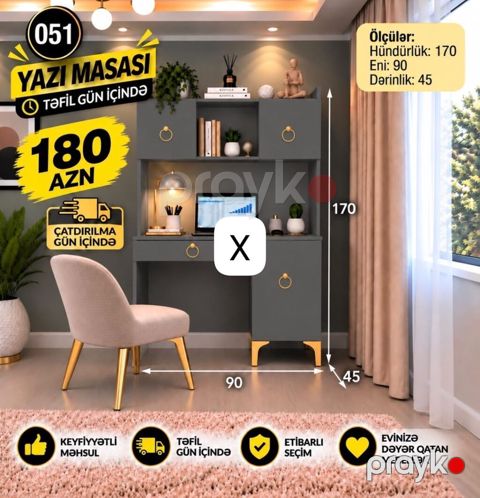 Yazı masası və üst dolablı iş guşəsi - Rəng: Tünd boz, qızılı — Bakı