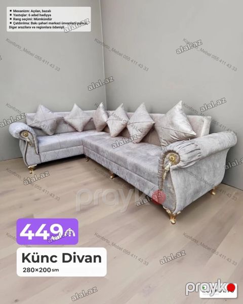 Künc Divan – 280×200 sm - Mexanizm: açılan, bazalı (yataq funksiyası — Bakı