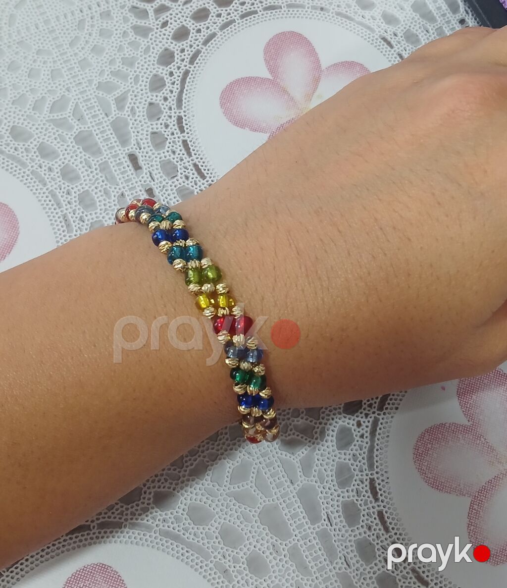 Rəngarəng muncuqlu qolbaq - Material: şüşə muncuqlar və qızılı tonlu — Bileziklər, Mingəçevir (2)