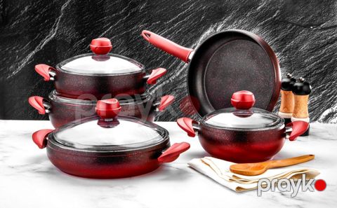 Qazanlar Özlife Azra 9 parça Qırmızı Türkiyə istehsalı Qalınlıq 4mm Sobada istifadəsi mümkündür - TW-OZ8004 — Bakı