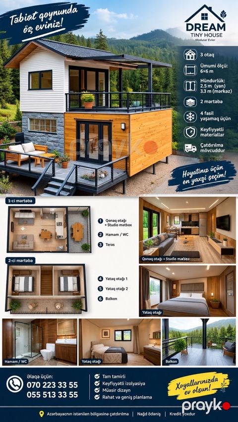 Dream Tiny House – modul ev - 3 otaq - Ümumi ölçü: 6×6 m - Hündürlük — Bakı