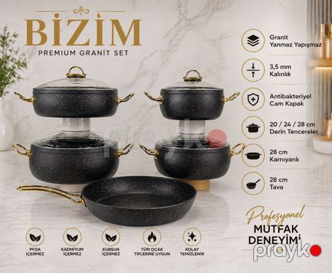 Yemək hazırlaması üçün qab-qacaq dəsti Bizim Mutfak 14570_6, qranit, qara, 20/24/28 sm, 9 parça — Bakı