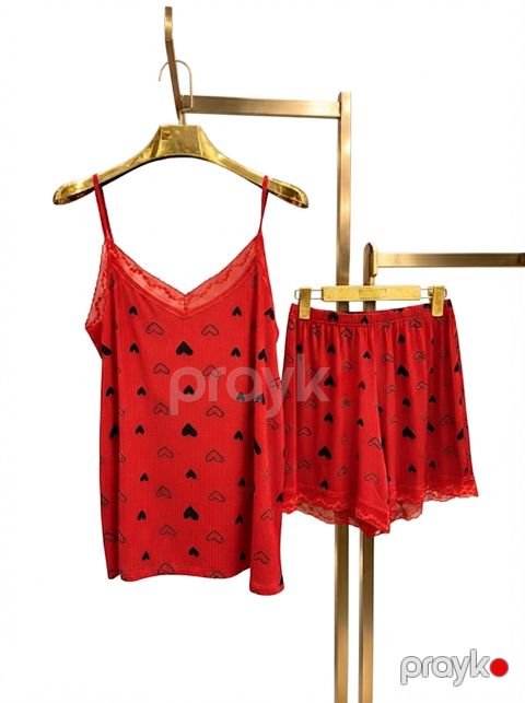 Şortlu pijama dəsti qadınlar üçün, qırmızı ürəkli, makaronka, ölçü One size — Bakı