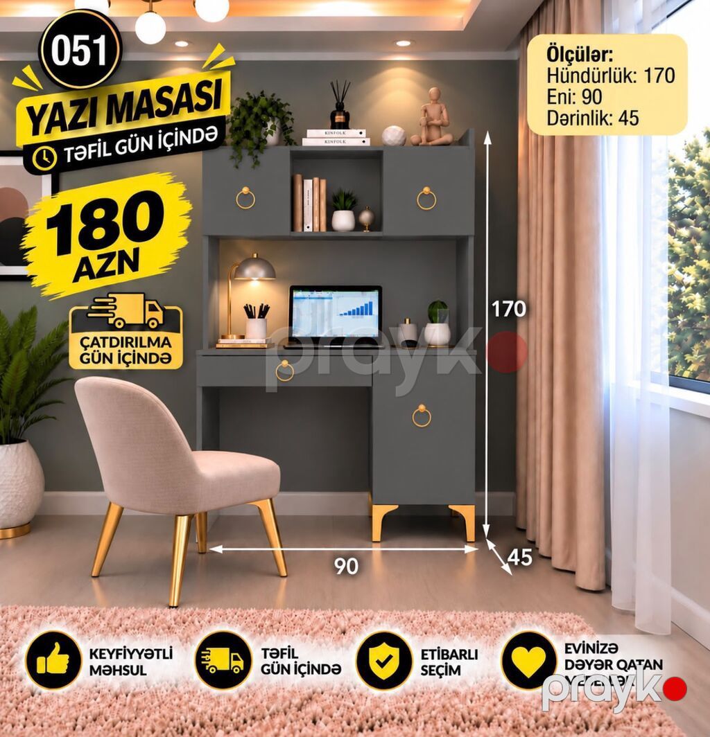 Yazı masası – 051 model Ölçülər: - Hündürlük: 170 sm - En: 90 sm — Kompüter masaları və kresloları, Digah (2)