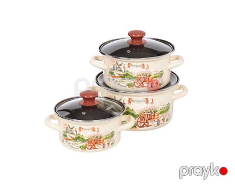 Qazan dəsti Керченская эмаль Травы Прованса-1, 3 ədəd, 1500/2300/3000 ml, polad, qapaq ilə, bej — Bakı