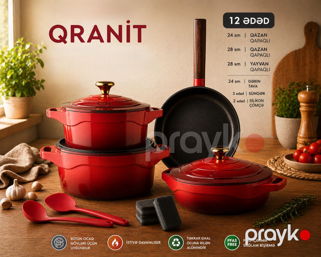 Yemək hazırlanması üçün qab-qacaq dəsti, qranit, qırmızı, 12 parça — Mallar, Bakı (2)