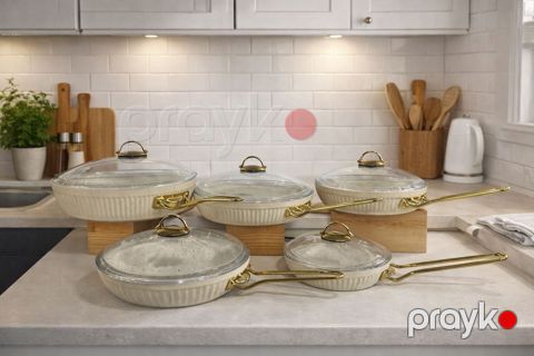 Tava dəsti Eviz, 10 parça, qranit, 20-24-26-28-32 sm, krem rəngli, qalınlıq 4 mm, sürüşməyən disk taban, dəyişməyən və isinməyən çelik tutacaqlar, qalın antibakterial parex qapaq - ZTW-AB615 — Bakı