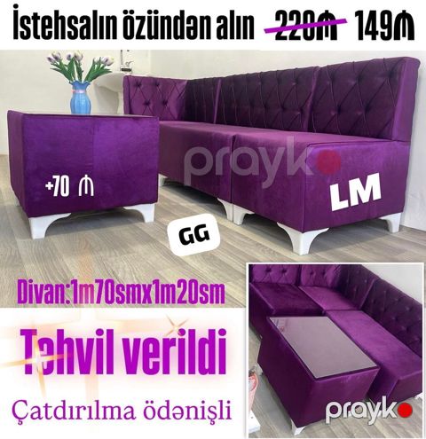 Bənövşəyi rəngli künc divan dəsti - Material: yumşaq məxməri parça — Bakı