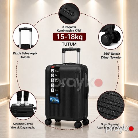 Çamadan 4 təkərli, qara, plastik, ölçü L — Bakı
