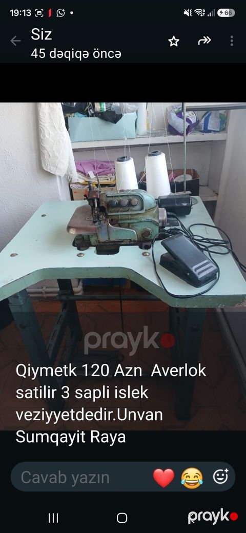 Averlok (overlok) tikiş maşını – 3 saplı, işlək. Stol, ayaq pedalı və — Sumqayıt