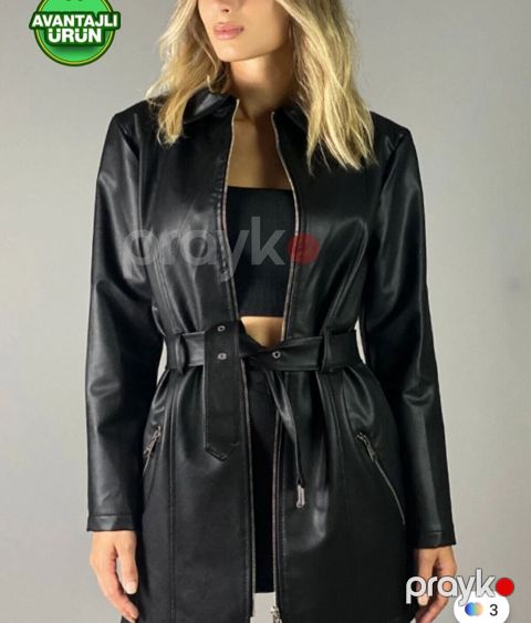 Qadınlar üçün uzun dərili görünümlü qara gödəkçə - Material: eko‑dəri — Bakı